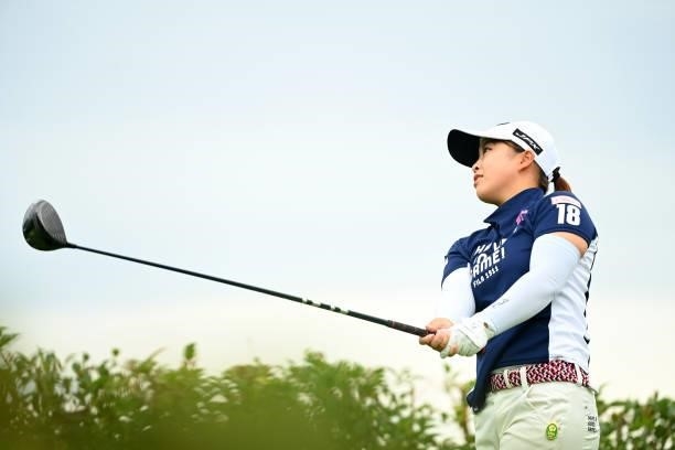 Mao Saigo of Japan hits her tee shot on the 14th hole during the third round of the Ai Miyazato Suntory Ladies Open at Rokko Kokusai Golf Club on...