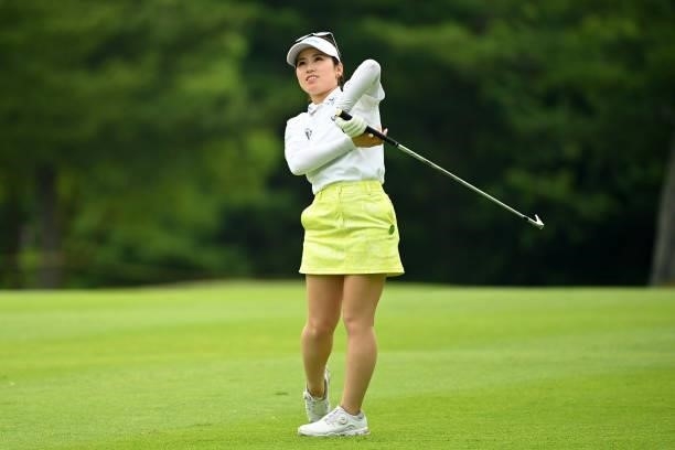Yuna Nishimura of Japan reacts after her second shot on the 15th hole during the third round of the Ai Miyazato Suntory Ladies Open at Rokko Kokusai...