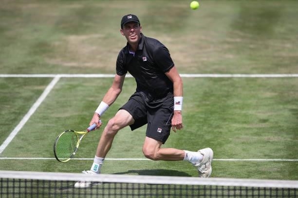 Sam Querry of United States of America plays a forehand during his match against Dominic Stricker of Switzerland during day 5 of the MercedesCup at...