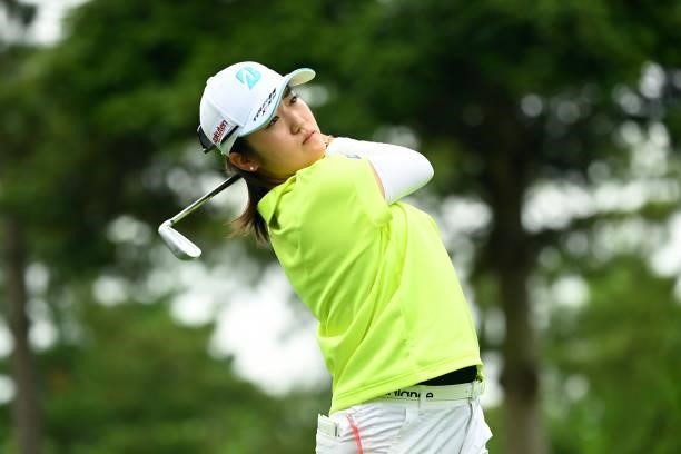 Mone Inami of Japan hits her tee shot on the 16th hole during the third round of the Ai Miyazato Suntory Ladies Open at Rokko Kokusai Golf Club on...