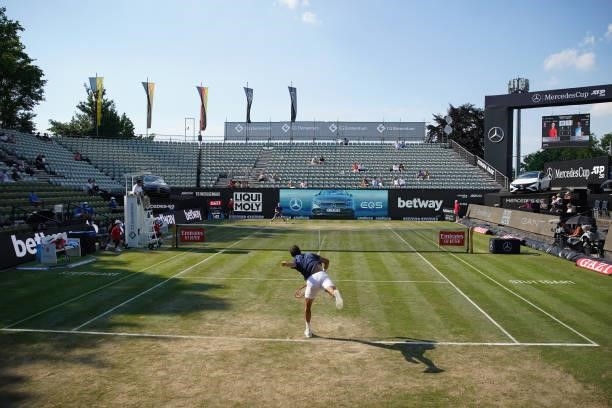 General view inside the stadium as Marin Cilic of Croatia makes a service during his match against Denis Shapovalov of Canada during day 5 of the...