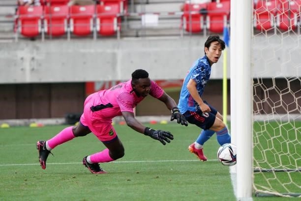 Jeadine White of Jamaica makes a save on the goal line during the international friendly match between Japan U-24 and Jamaica at the Toyota Stadium...