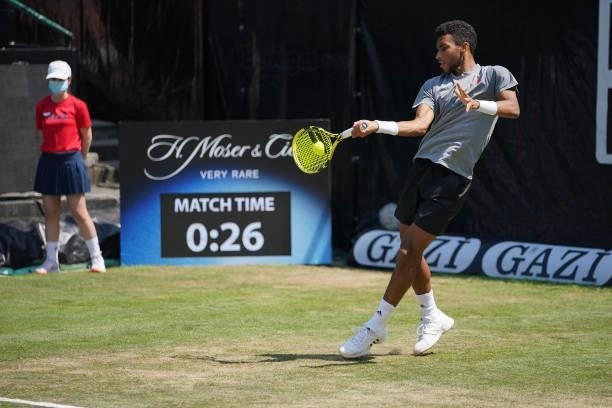 Felix Auger-Aliassime of Canada plays a forehand during his match against Ugo Humbert of France during day 5 of the MercedesCup at Tennisclub...