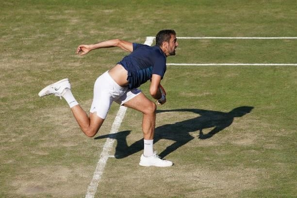 Marin Cilic of Croatia in action during his match against Denis Shapovalov of Canada during day 5 of the MercedesCup at Tennisclub Weissenhof on June...