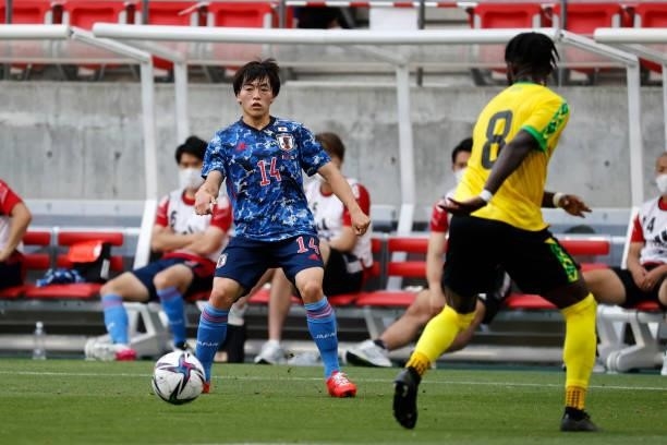 Yuki Soma of Japan U-24 in action during the international friendly match between Japan U-24 and Jamaica at the Toyota Stadium on June 12, 2021 in...