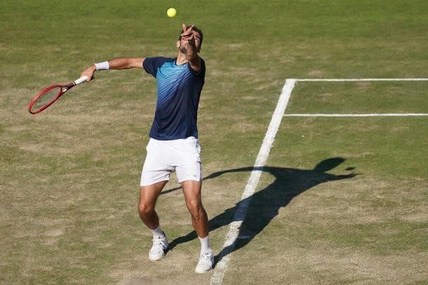 Marin Cilic of Croatia makes a service during his match against Denis Shapovalov of Canada during day 5 of the MercedesCup at Tennisclub Weissenhof...