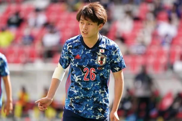 Ayase Ueda of Japan U-24 is seen during the international friendly match between Japan U-24 and Jamaica at the Toyota Stadium on June 12, 2021 in...