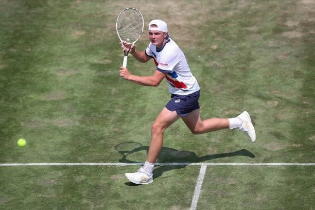 Dominic Stephan Stricker of Switzerland in action during his match against Sam Querry of United States of America during day 5 of the MercedesCup at...