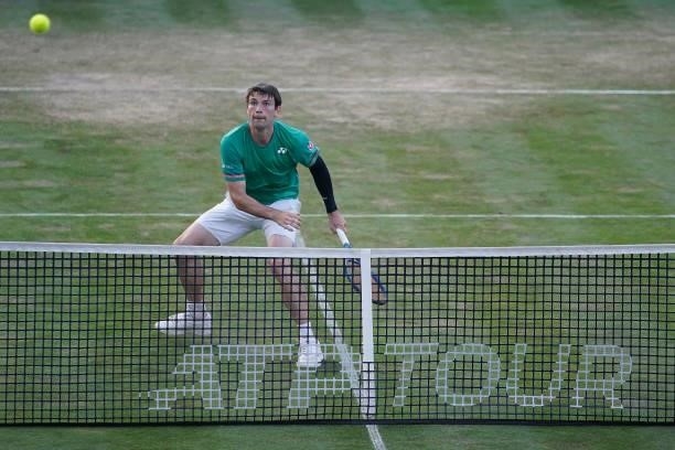 Jurij Rodionov of Austria in action during his match against Alex De Minaur of Australia during day 5 of the MercedesCup at Tennisclub Weissenhof on...