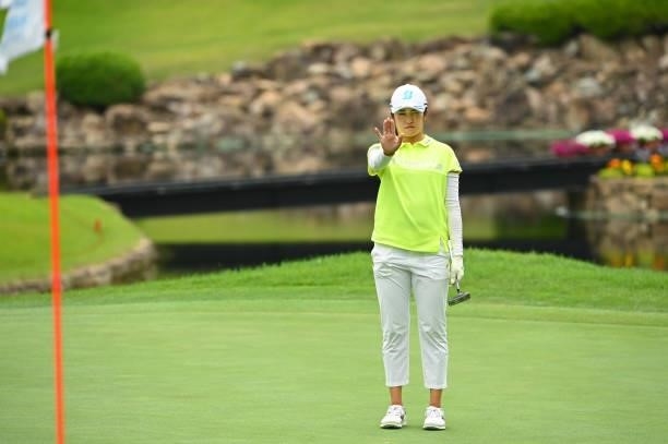 Mone Inami of Japan lines up a putt on the 18th green during the third round of the Ai Miyazato Suntory Ladies Open at Rokko Kokusai Golf Club on...