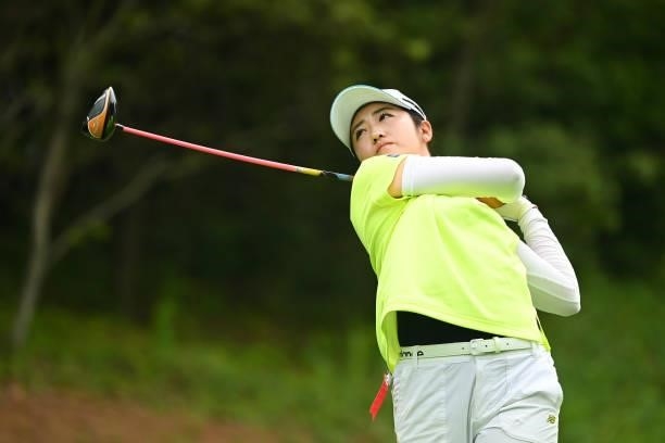 Mone Inami of Japan hits her tee shot on the 18th hole during the third round of the Ai Miyazato Suntory Ladies Open at Rokko Kokusai Golf Club on...