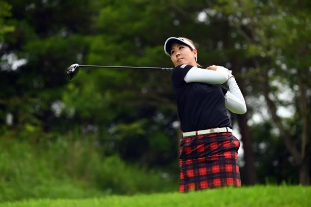Mami Fukuda of Japan hits her tee shot on the 18th hole during the third round of the Ai Miyazato Suntory Ladies Open at Rokko Kokusai Golf Club on...