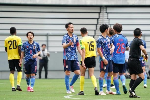 Players react after the international friendly match between Japan U-24 and Jamaica at the Toyota Stadium on June 12, 2021 in Toyota, Aichi, Japan.