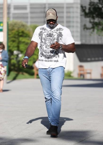 Teddy Riner attends the men's semifinals during day 13 of the 2021 Roland-Garros, French Open, a Grand Slam tennis tournament at Roland-Garros...