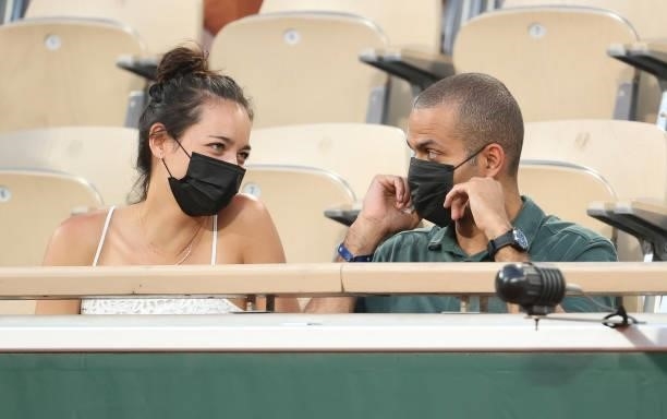 Tony Parker, his girlfriend Alize Lim attend the men's semifinals during day 13 of the 2021 Roland-Garros, French Open, a Grand Slam tennis...