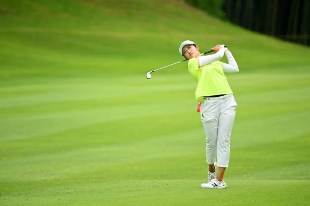 Mone Inami of Japan hits her second shot on the 9th hole during the third round of the Ai Miyazato Suntory Ladies Open at Rokko Kokusai Golf Club on...