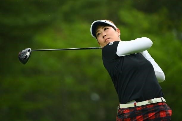 Mami Fukuda of Japan hits her tee shot on the 9th hole during the third round of the Ai Miyazato Suntory Ladies Open at Rokko Kokusai Golf Club on...