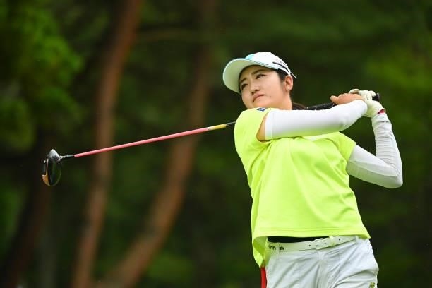 Mone Inami of Japan hits her tee shot on the 9th hole during the third round of the Ai Miyazato Suntory Ladies Open at Rokko Kokusai Golf Club on...