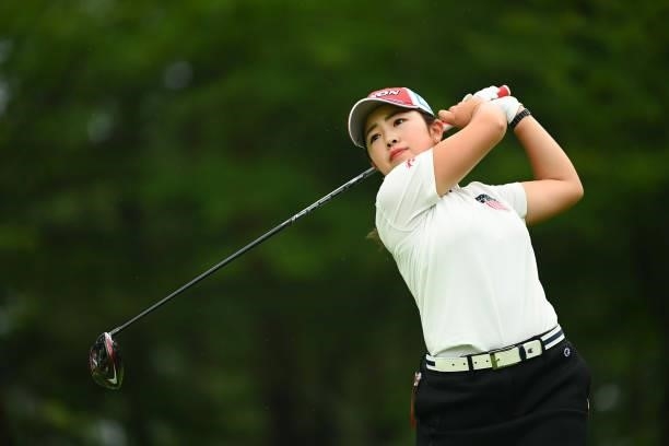 Miyuu Yamashita of Japan hits her tee shot on the 9th hole during the third round of the Ai Miyazato Suntory Ladies Open at Rokko Kokusai Golf Club...