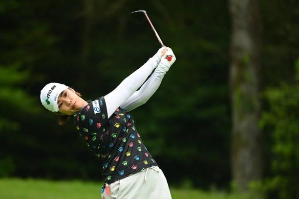 Mayu Hamada of Japan hits her tee shot on the 7th hole during the third round of the Ai Miyazato Suntory Ladies Open at Rokko Kokusai Golf Club on...