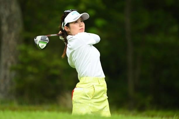 Yuna Nishimura of Japan hits her tee shot on the 7th hole during the third round of the Ai Miyazato Suntory Ladies Open at Rokko Kokusai Golf Club on...