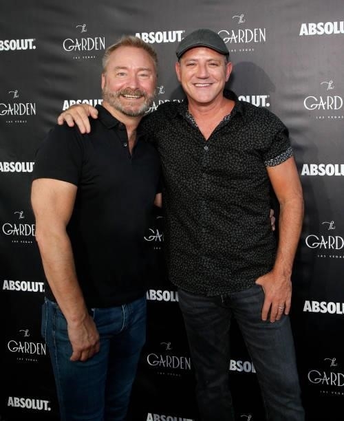 Writer Randy Slovacek and his husband, publicist Michael Caprio attend the one year anniversary party at The Garden Las Vegas on June 11, 2021 in Las...
