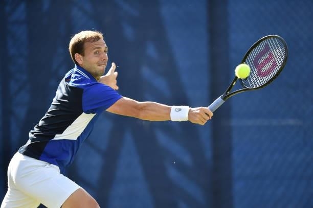 Daniel Evans of Great Britain in action against Denis Kudla of United States during the men’s singles match on day seven at Nottingham Tennis Centre...