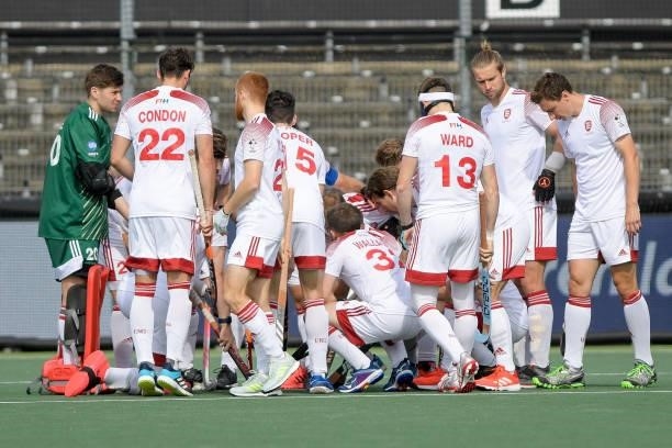 Team England forming a huddle during the Euro Hockey Championships Men match between England and Belgium at Wagener Stadion on June 12, 2021 in...