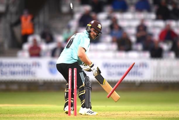 Laurie Evans of Surrey is bowled by Marchant De Lange of Somerset for 65 during the Vitality T20 Blast match between Somerset and Surrey at The...