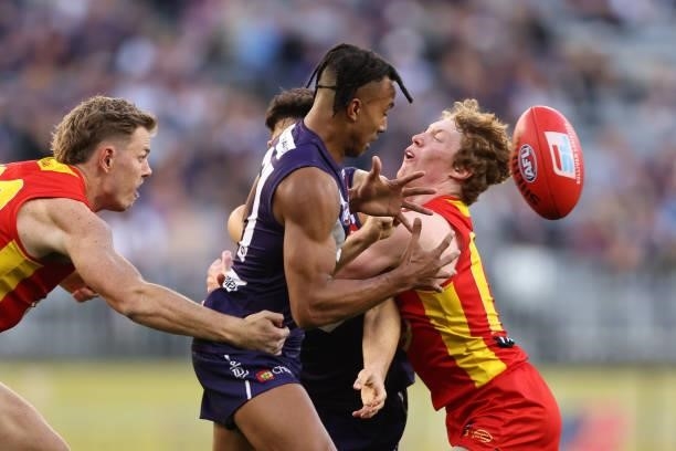 Brandon Walker of the Dockers and Matt Rowell of the Suns contest for the ball during the round 13 AFL match between the Fremantle Dockers and the...