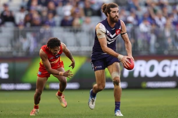 Alex Pearce of the Dockers in action during the round 13 AFL match between the Fremantle Dockers and the Gold Coast Suns at Optus Stadium on June 12,...