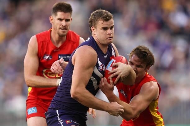 Sean Darcy of the Dockers in action during the round 13 AFL match between the Fremantle Dockers and the Gold Coast Suns at Optus Stadium on June 12,...