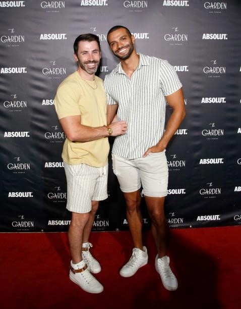 Acrobat Brett Hamby and entertainer Mark Romain attend the one year anniversary party at The Garden Las Vegas on June 11, 2021 in Las Vegas, Nevada.