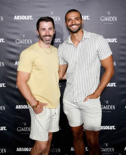 Acrobat Brett Hamby and entertainer Mark Romain attend the one year anniversary party at The Garden Las Vegas on June 11, 2021 in Las Vegas, Nevada.