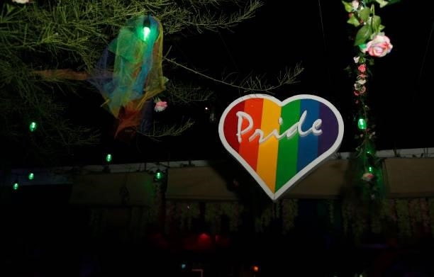 Rainbow pride sign decorates the courtyard before the one year anniversary party at The Garden Las Vegas on June 11, 2021 in Las Vegas, Nevada.