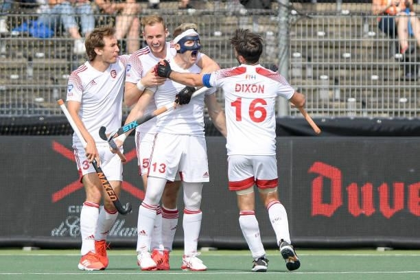 Sam Ward of England celebrates after scoring his teams first goal during the Euro Hockey Championships Men match between England and Belgium at...