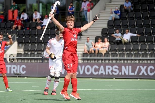 Tom Boom of Belgium celebrates after scoring his teams third goal during the Euro Hockey Championships Men match between England and Belgium at...