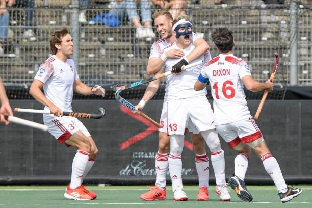 David Ames of England, Sam Ward of England celebrates after scoring his teams first goal, Adam Dixon of England during the Euro Hockey Championships...