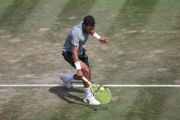 Felix Auger-Aliassime of Canada plays a backhand during his half-final match against Sam Querrey of United States of America during day 6 of the...