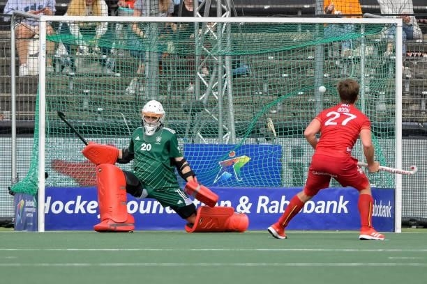 Oliver Payne of England, Tom Boom of Belgium celebrates after scoring his teams first goal during the Euro Hockey Championships Men match between...