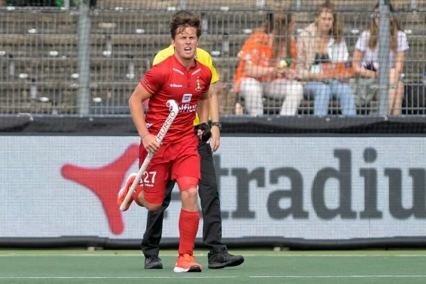 Tom Boom of Belgium celebrates after scoring his teams first goal during the Euro Hockey Championships Men match between England and Belgium at...