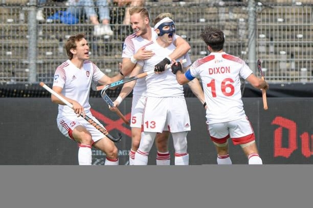 Will Calnan of England Sam Ward of England celebrates after scoring his teams first goal during the Euro Hockey Championships Men match between...