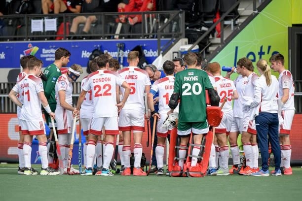 Team England during break during the Euro Hockey Championships Men match between England and Belgium at Wagener Stadion on June 12, 2021 in...