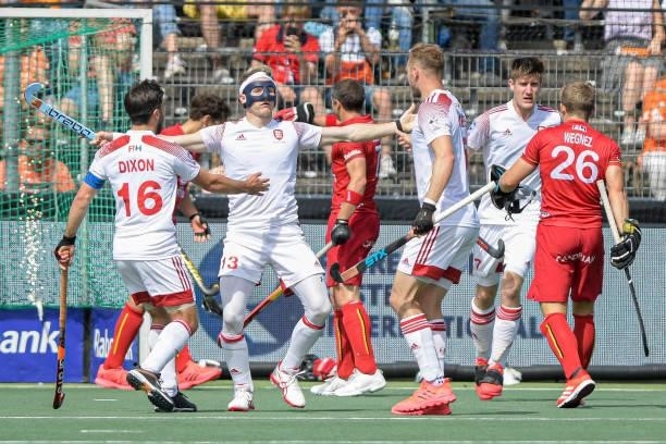 Sam Ward of England celebrates after scoring his teams second goal during the Euro Hockey Championships Men match between England and Belgium at...