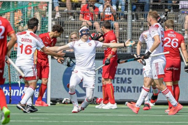Sam Ward of England celebrates after scoring his teams second goal during the Euro Hockey Championships Men match between England and Belgium at...