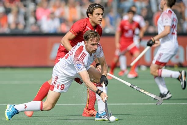 David Goodfield of England, Thomas Briels of Belgium during the Euro Hockey Championships Men match between England and Belgium at Wagener Stadion on...