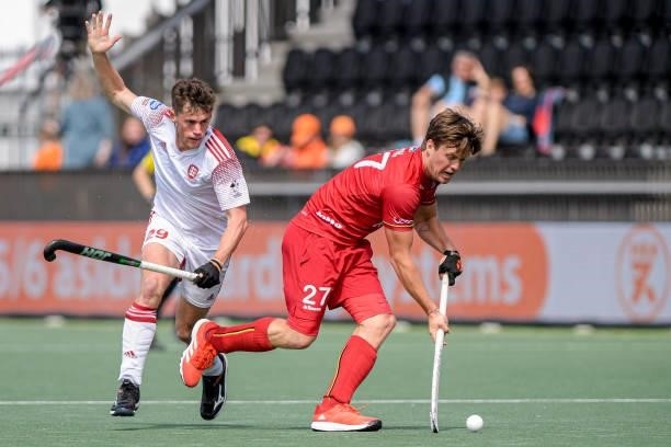 Thomas Sorsby of England, Tom Boom of Belgium during the Euro Hockey Championships Men match between England and Belgium at Wagener Stadion on June...