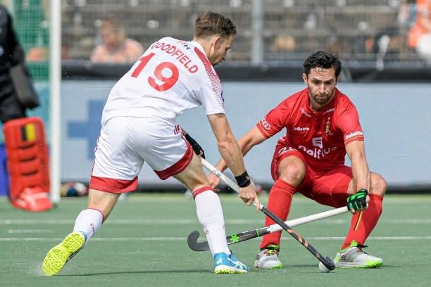 David Goodfield of England, Loick Luypaert of Belgium during the Euro Hockey Championships Men match between England and Belgium at Wagener Stadion...