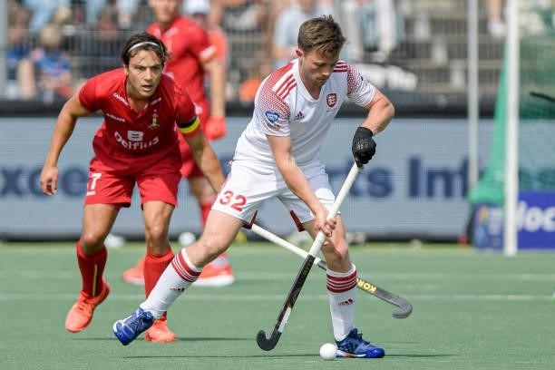 Zachary Wallace of England during the Euro Hockey Championships Men match between England and Belgium at Wagener Stadion on June 12, 2021 in...