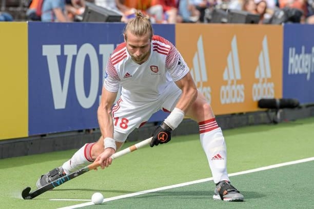 Brendan Creed of England during the Euro Hockey Championships Men match between England and Belgium at Wagener Stadion on June 12, 2021 in...